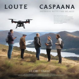 Create a movie poster showing four people looking at a drone behind the scenes