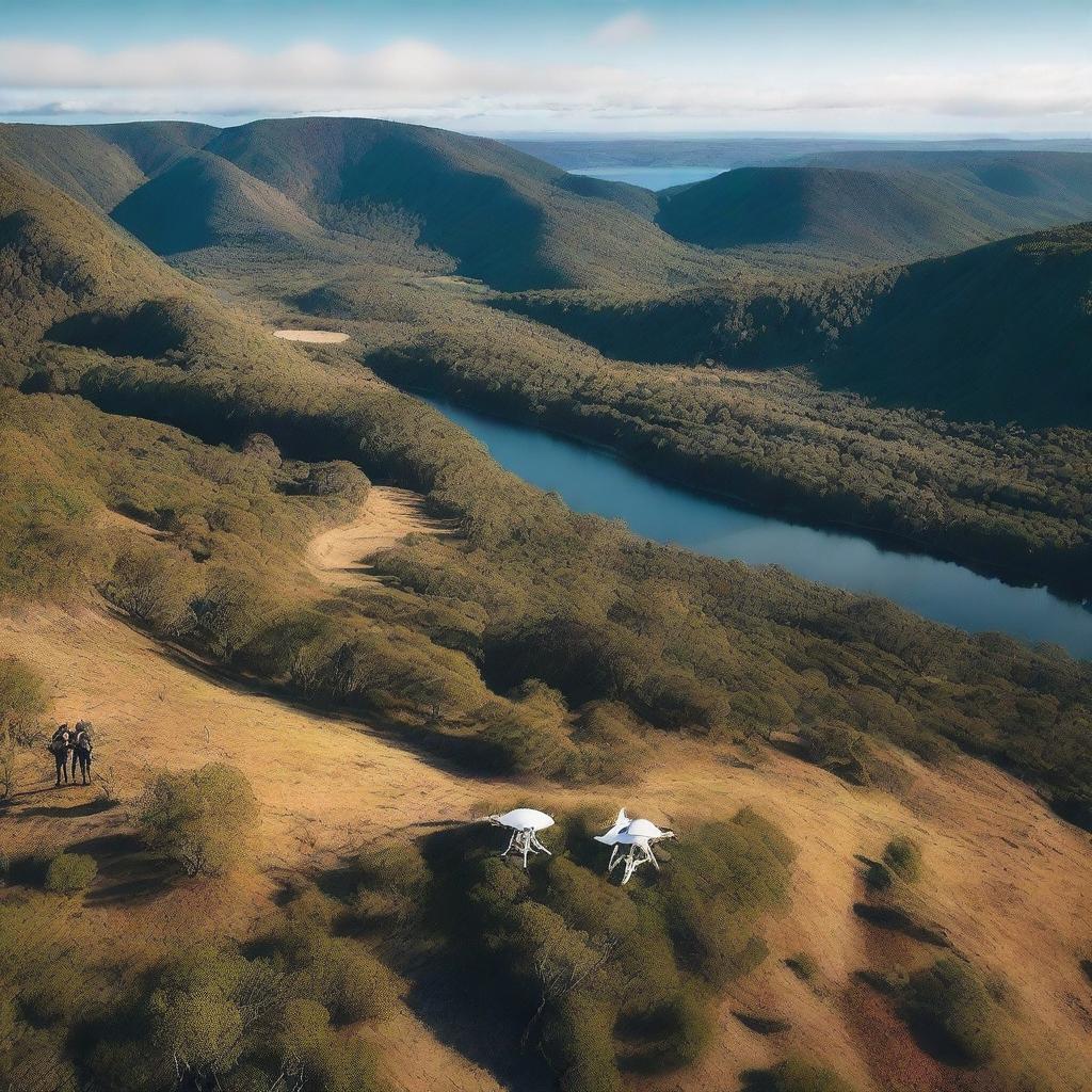 Design a movie poster featuring four people behind the scenes, looking at the result of a photo taken by a drone