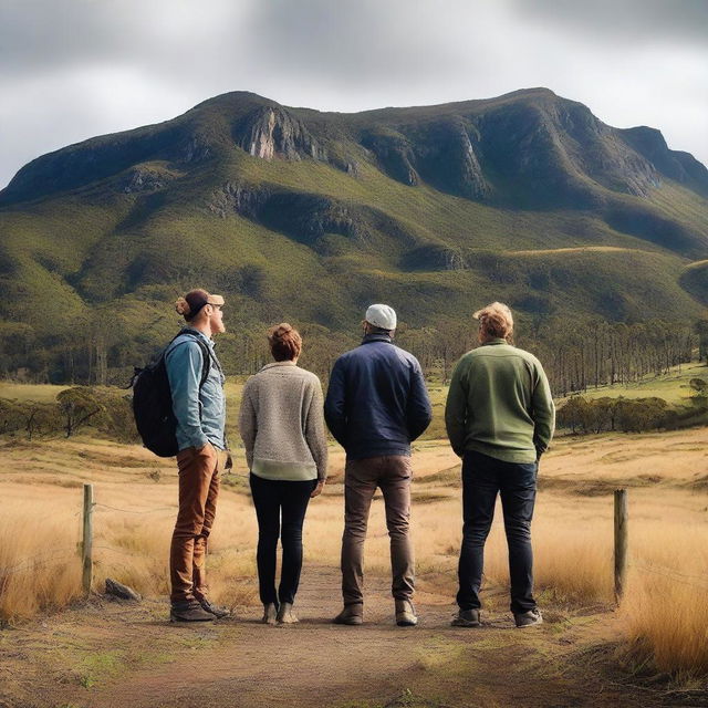 Create a movie poster featuring four people behind the scenes, looking at the result of a photo