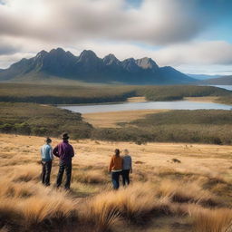 Create a movie poster featuring four people behind the scenes, looking at the result of a photo