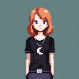 A pixel art depiction of a ginger girl with short hair