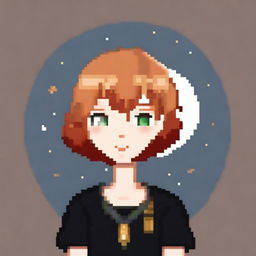 A pixel art depiction of a ginger girl with short hair