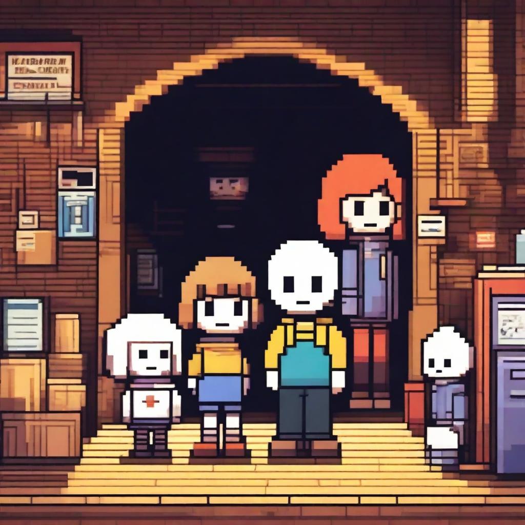 Create an image inspired by the game Undertale, featuring iconic characters like Frisk, Sans, and Papyrus in a vibrant and whimsical underground setting