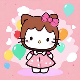 A cute Hello Kitty character with brown eyes and brown hair, standing in a cheerful pose