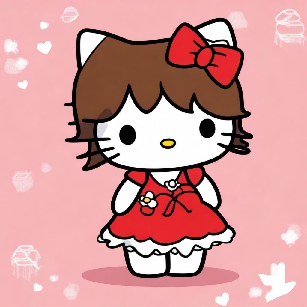 Create an image of Hello Kitty with brown hair, wearing a red dress