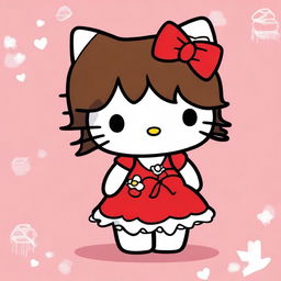 Create an image of Hello Kitty with brown hair, wearing a red dress