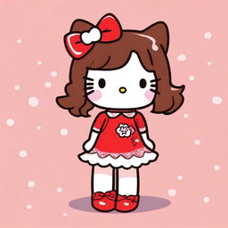 Create an image of Hello Kitty with brown hair, wearing a red dress