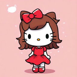 Create an image of Hello Kitty with brown hair, wearing a red dress