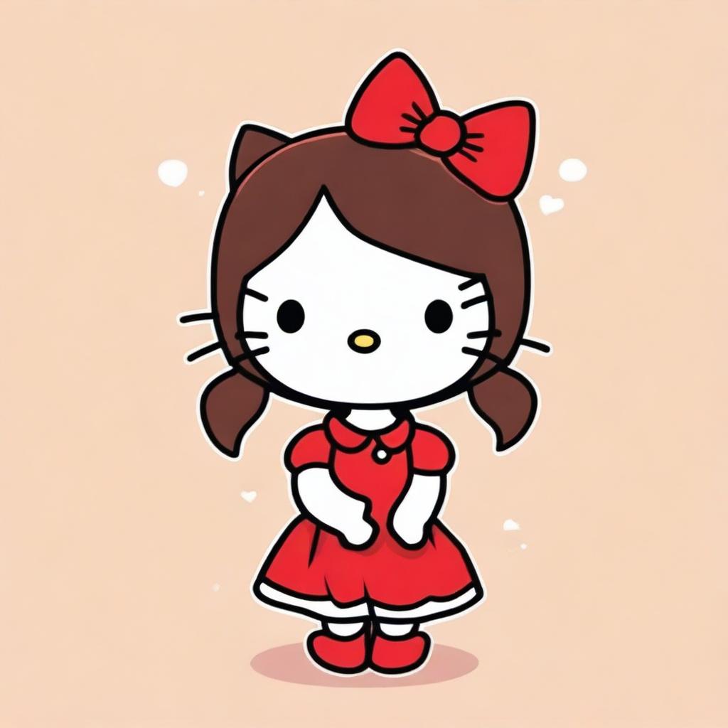 Create an image of Hello Kitty with brown hair, wearing a red dress