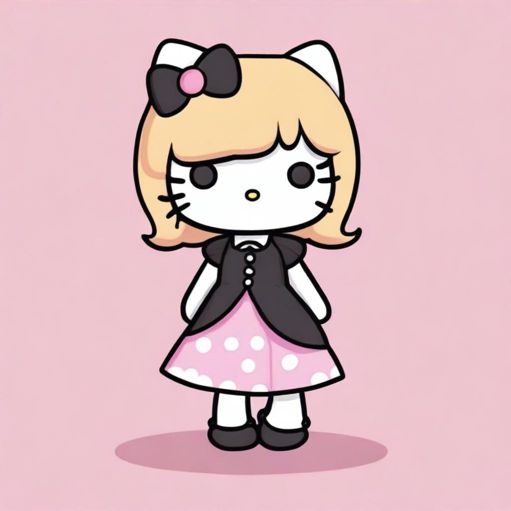 A Hello Kitty character with blond hair, wearing a black dress