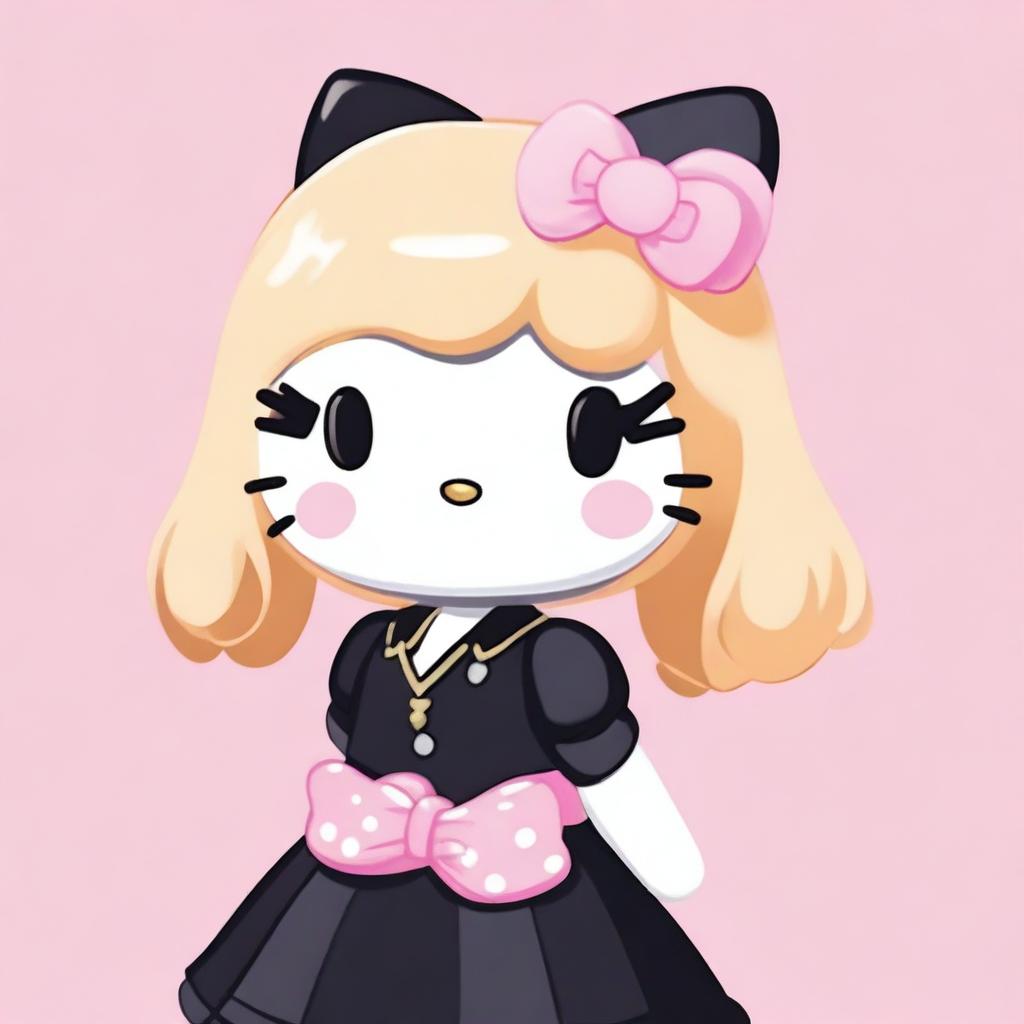 A Hello Kitty character with blond hair, wearing a black dress