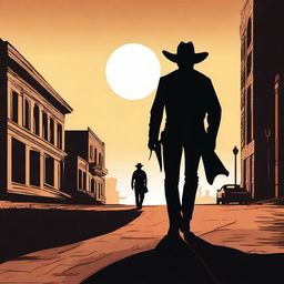 A lone cowboy walking towards the horizon, crossing the shadows of a city