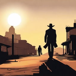 A lone cowboy walking towards the horizon, crossing the shadows of a city