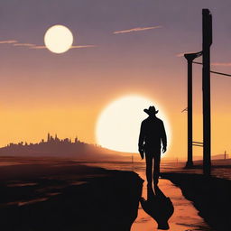 A lone cowboy walking towards the horizon, crossing the shadows of a city