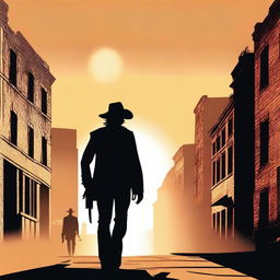 A lone cowboy walking towards the horizon, crossing the shadows of a city