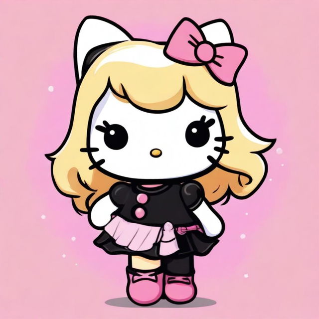 A cute Hello Kitty character with blond hair, wearing a stylish black dress