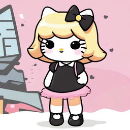 A cute Hello Kitty character with blond hair, wearing a stylish black dress