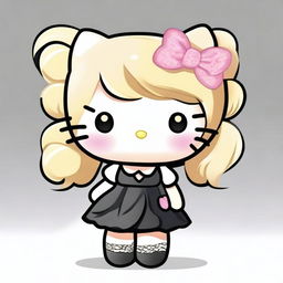 A cute Hello Kitty character with blond hair, wearing a stylish black dress