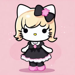 A cute Hello Kitty character with blond hair, wearing a stylish black dress