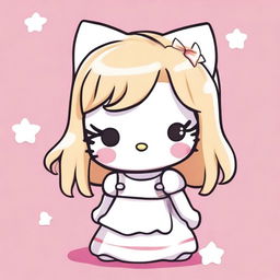 A cute Hello Kitty character with blond hair, wearing a white dress