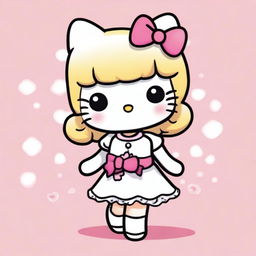 A cute Hello Kitty character with blond hair, wearing a white dress