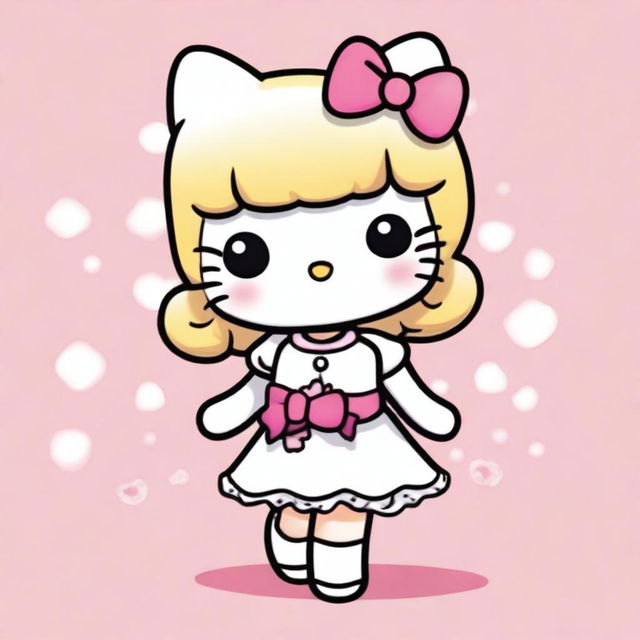 A cute Hello Kitty character with blond hair, wearing a white dress