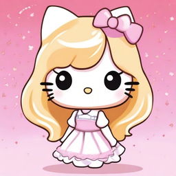 A cute Hello Kitty character with blond hair, wearing a white dress