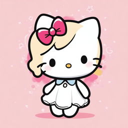 A cute Hello Kitty character with blond hair, wearing a white dress