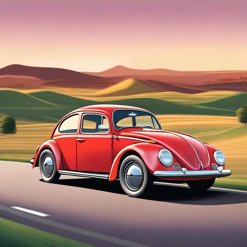 A detailed and realistic image of a classic Volkswagen Beetle car parked on a scenic countryside road during sunset