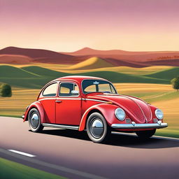 A detailed and realistic image of a classic Volkswagen Beetle car parked on a scenic countryside road during sunset