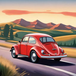 A detailed and realistic image of a classic Volkswagen Beetle car parked on a scenic countryside road during sunset