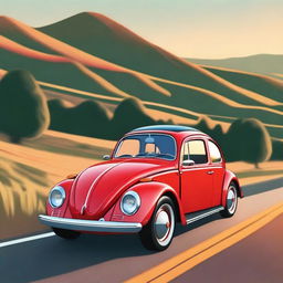 A detailed and realistic image of a classic Volkswagen Beetle car parked on a scenic countryside road during sunset