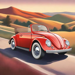 A detailed and realistic image of a classic Volkswagen Beetle car parked on a scenic countryside road during sunset