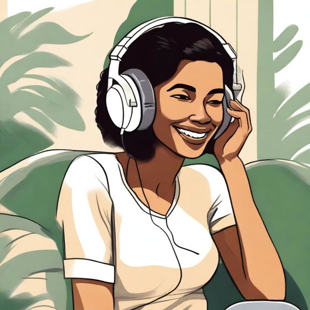 A detailed illustration of a woman named Eileen wearing headphones