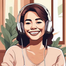 A detailed illustration of a woman named Eileen wearing headphones