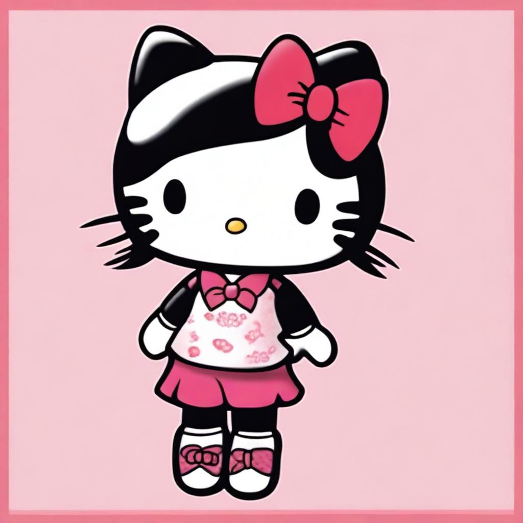 A depiction of Hello Kitty with black hair, wearing trousers