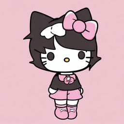 A depiction of Hello Kitty with black hair, wearing trousers