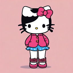 A depiction of Hello Kitty with black hair, wearing trousers