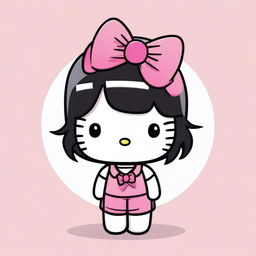 A depiction of Hello Kitty with black hair, wearing trousers