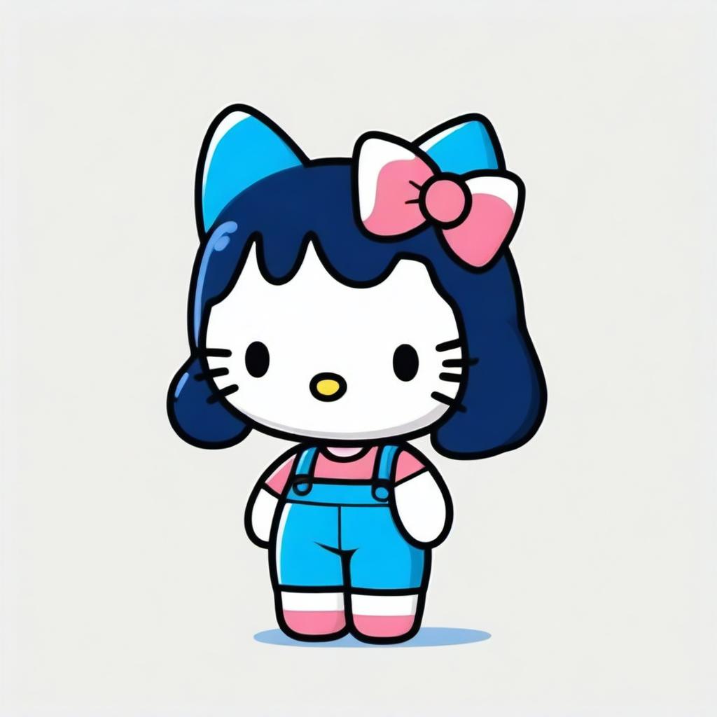 A cute Hello Kitty with black hair, wearing blue trousers