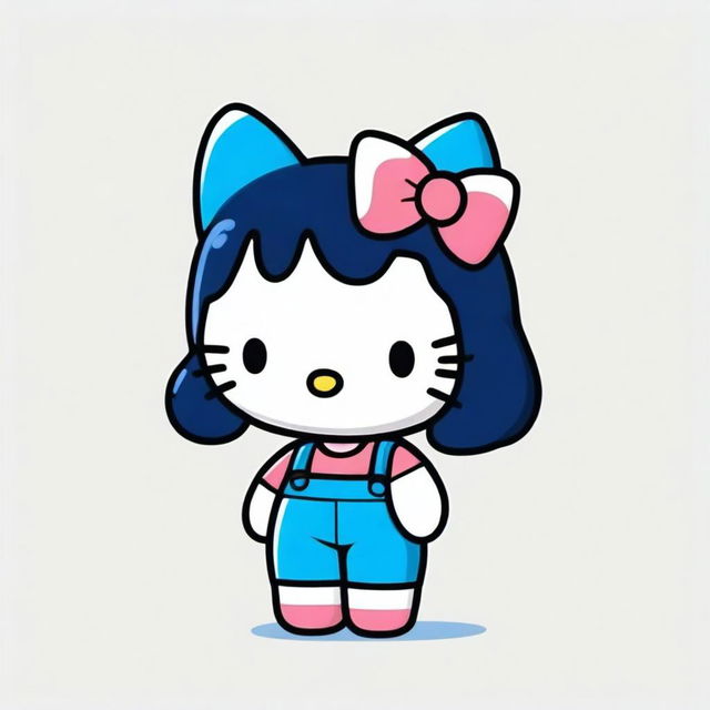 A cute Hello Kitty with black hair, wearing blue trousers