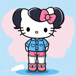 A cute Hello Kitty with black hair, wearing blue trousers