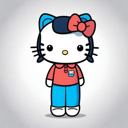 A cute Hello Kitty with black hair, wearing blue trousers