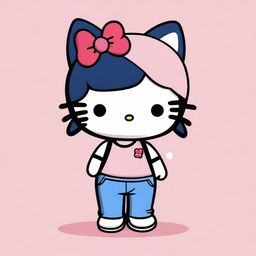 A cute Hello Kitty with black hair, wearing blue trousers