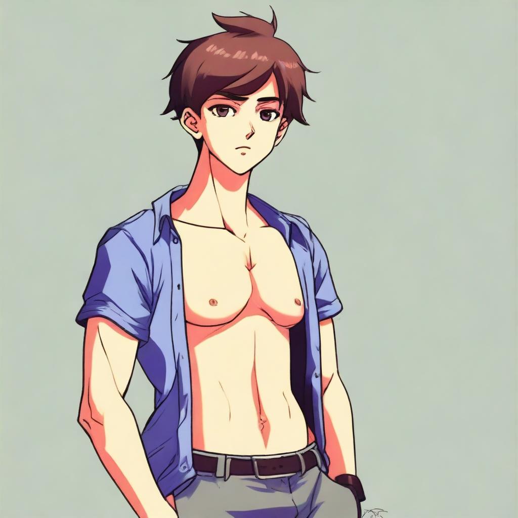 A boy with exaggeratedly large breasts, standing in a casual pose