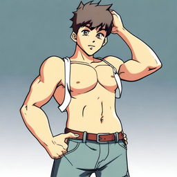 A boy with exaggeratedly large breasts, standing in a casual pose