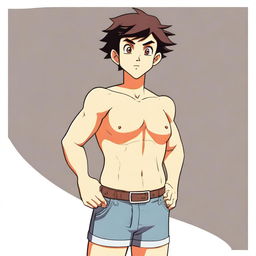 A boy with exaggeratedly large breasts, standing in a casual pose