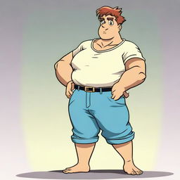 A boy with exaggeratedly large breasts, standing in a casual pose