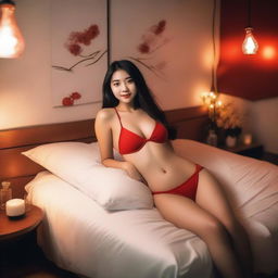 A girl wearing a red bikini lying on a bed, presented in a tasteful and artistic manner