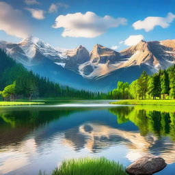 Create an image that is visually appealing and suitable for all audiences, featuring a serene landscape with mountains, a river, and a clear blue sky